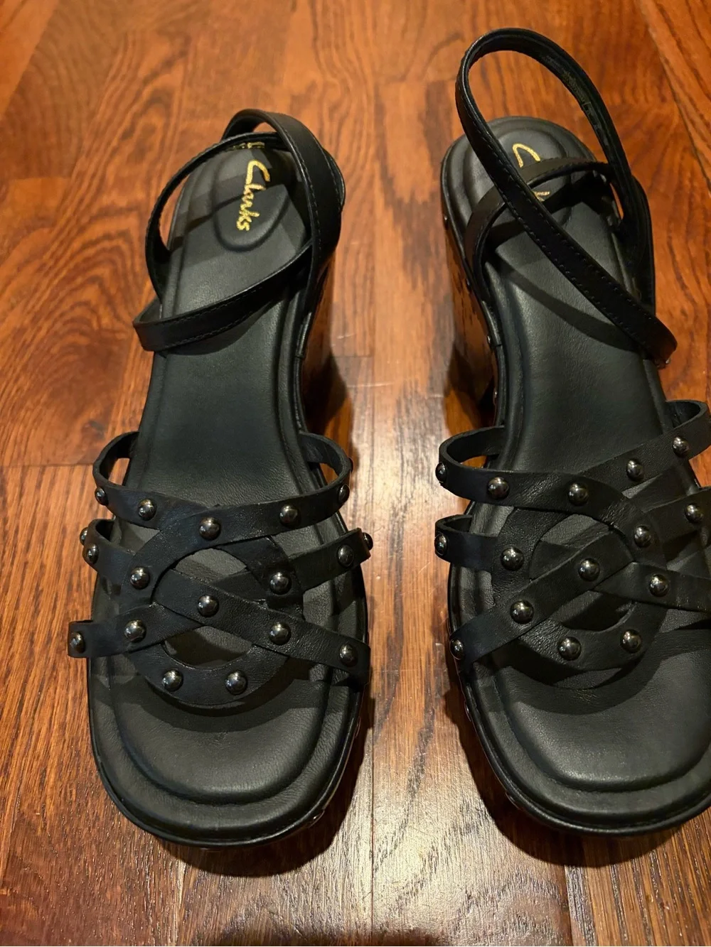 Clarks Black Studded Platform Sandals with Ankle Strap